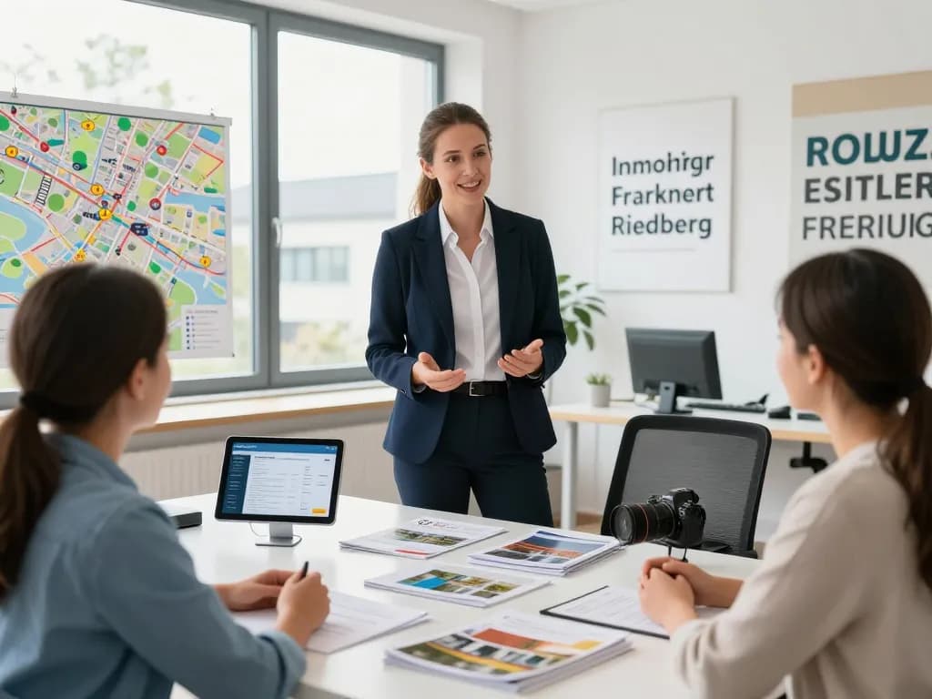 Immobilienmakler diskutiert Immobilienangebote mit Kunden und hebt die Expertise von Immobilienmakler Frankfurt Riedberg hervor.