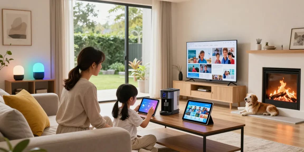 smarte Integrationen im Alltag showcased in a modern family living room with smart devices enhancing daily life