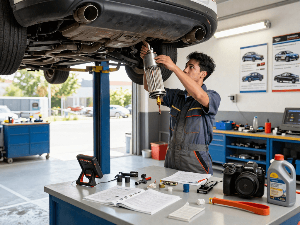 Professioneller Mechaniker beim dpf reinigen in einer modernen Werkstatt mit Werkzeugen und Diagnosetools.
