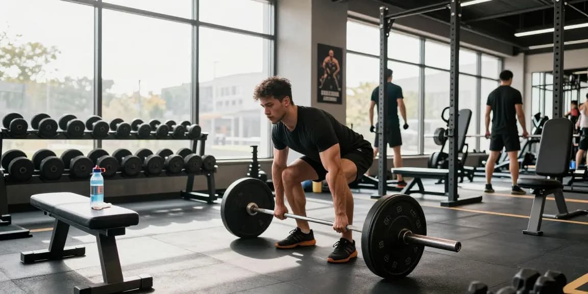 Intense Trainingsszene, die Fitnesstraining bei Steroidshop zeigt, mit einem Körperbauer, der Gewichte hebt.