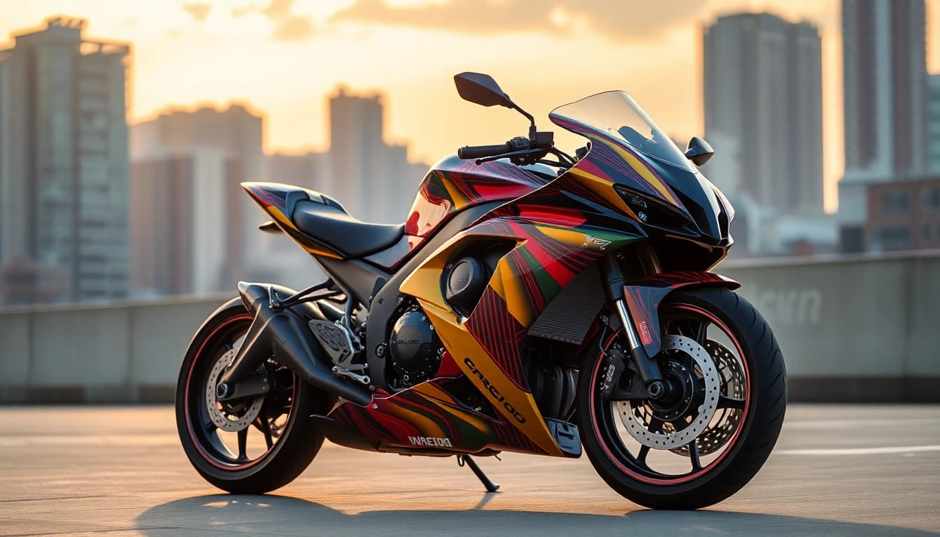 Stunning motorcycle foliation showcasing colorful designs while exploring kosten motorrad folieren options in a vibrant city.