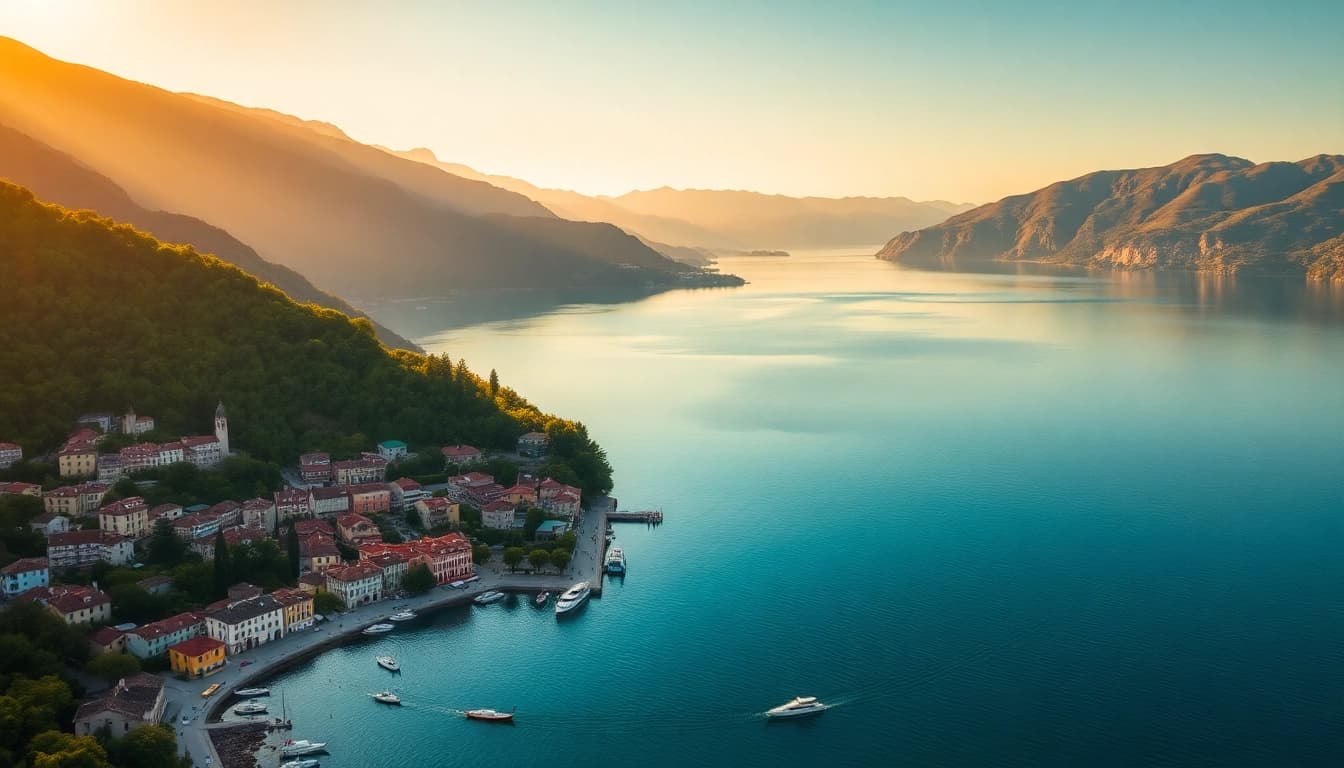 Gardasee Reisetipps: Eine atemberaubende Luftaufnahme des Gardasees mit lebendigem Wasser und charmanten Städten.