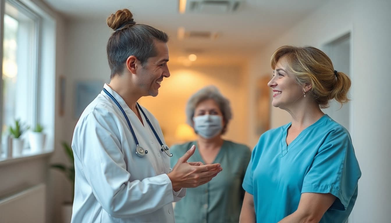 Pflegemarketing in Aktion: Pflegekräfte interagieren freundlich mit Patienten in einer modernen Pflegeumgebung.