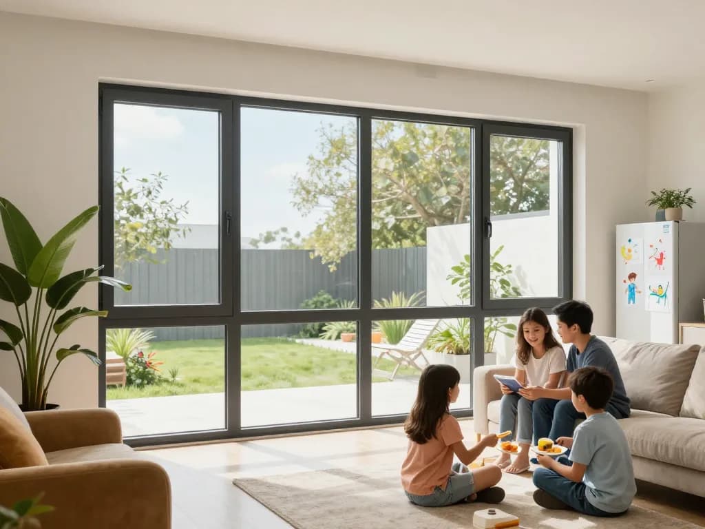 Heller Wohnraum mit Fenster Schüco Fenstern, die Energieeffizienz und Familienkomfort demonstrieren.