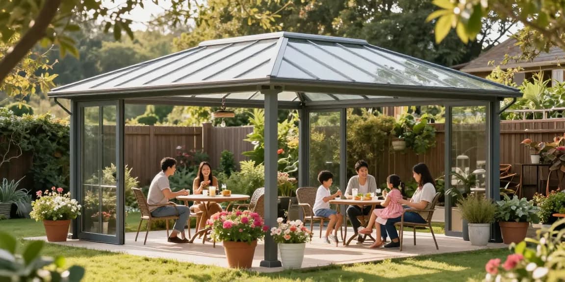 Moderne freistehende Terrassenüberdachung in einem einladenden Garten mit Familie.