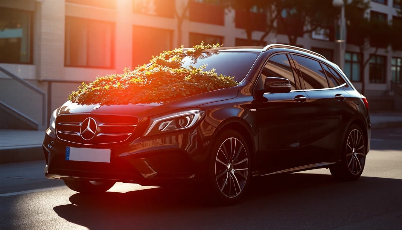 Auf einem matt schwarzen Folierung glitzert das Licht, betont die Eleganz und Sportlichkeit des Fahrzeugs.