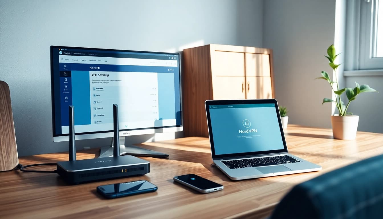 A modern home office with a FRITZ!Box router and NordVPN interface, showcasing efficient connectivity.