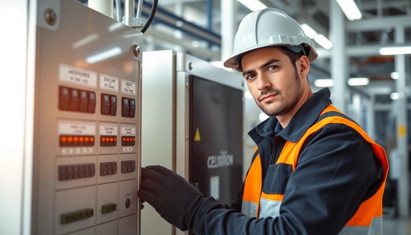 Technician conducting a DGUV V3 Prüfung, ensuring electrical safety compliance and equipment integrity.
