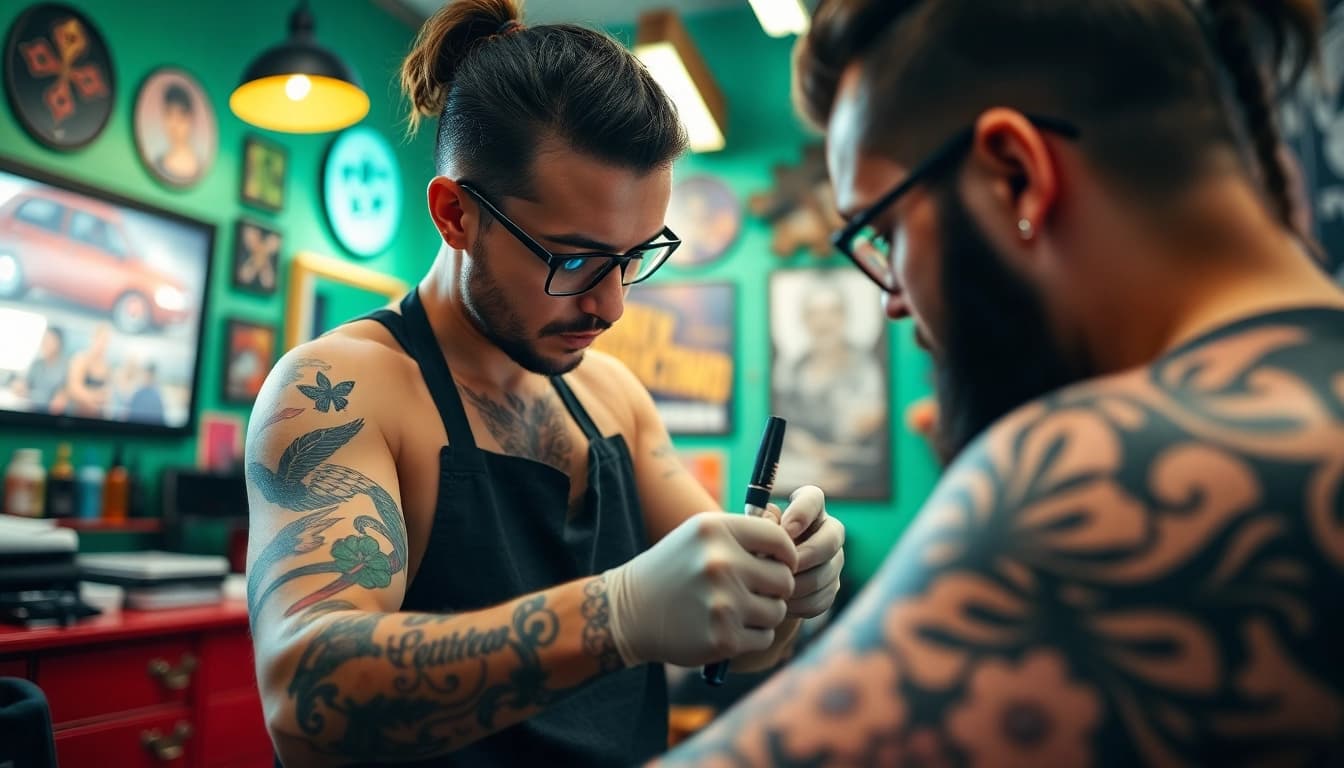 Artistic tattooing process at Tattoo Studio München, highlighting an intricate design being inked on a client's arm.