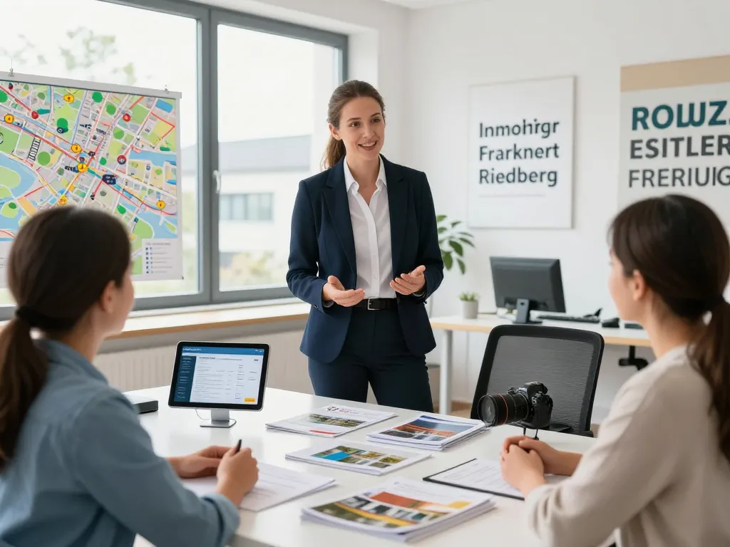 Immobilienmakler diskutiert Immobilienangebote mit Kunden und hebt die Expertise von Immobilienmakler Frankfurt Riedberg hervor.