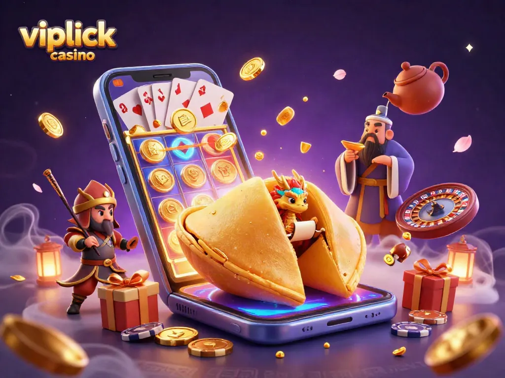 Engage with vipluck casino's vibrant gameplay through a whimsical 3D illustration featuring fortune cookies, dragons, and slot games.
