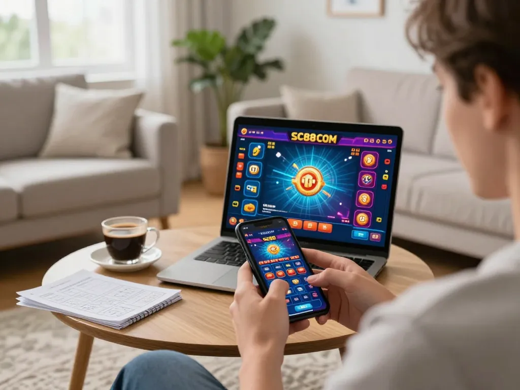 Engaging with SC88 COM app on smartphone in a cozy living room while strategizing for online betting.
