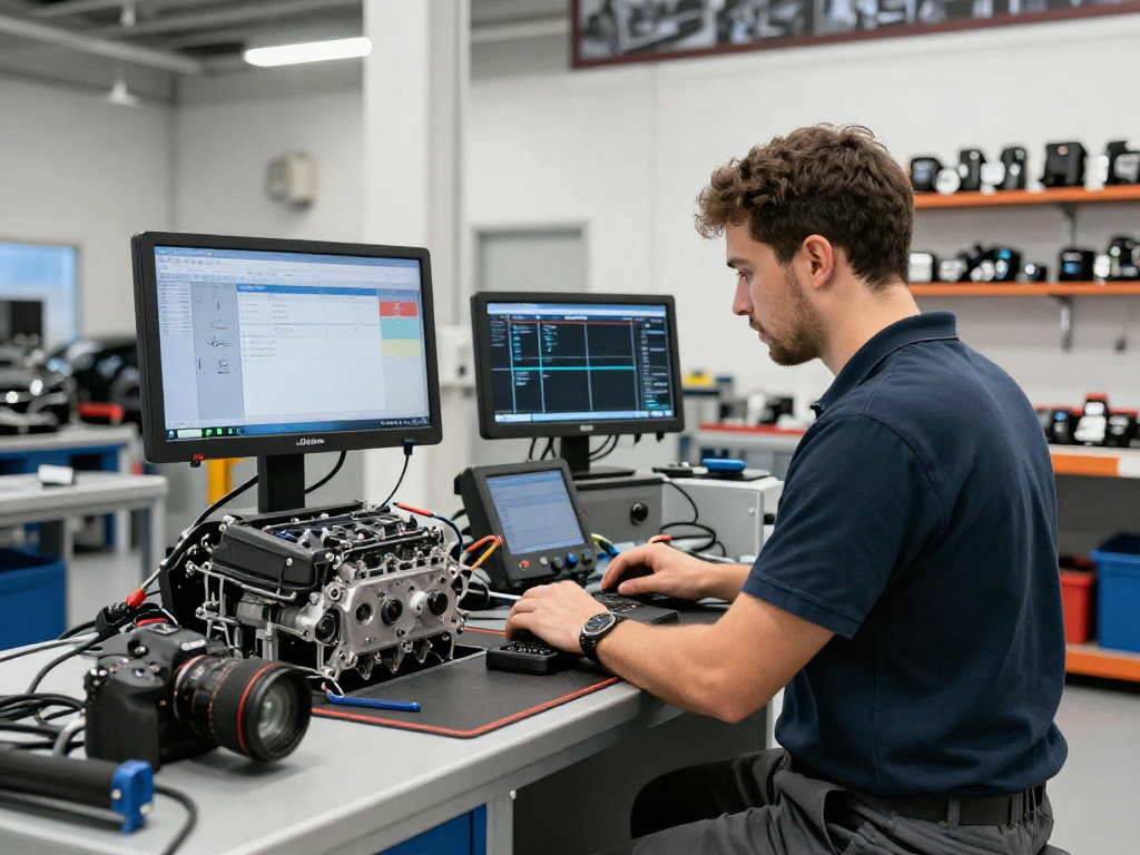 Chiptuning Hannover in einer modernen Werkstatt, Techniker mit BMW-Motor und Diagnosetools.