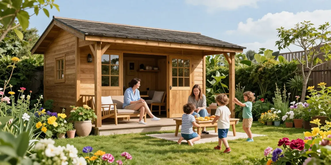 Gemütlicher Garten mit Gartenhaus kaufen und spielenden Kindern für ein harmonisches Familienleben.