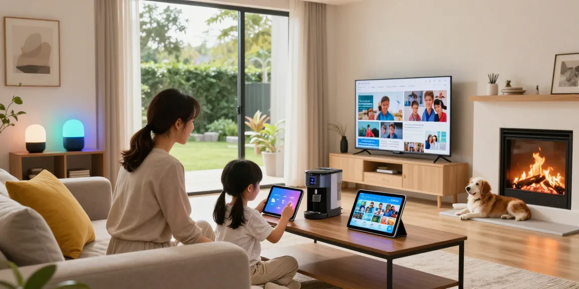 smarte Integrationen im Alltag showcased in a modern family living room with smart devices enhancing daily life
