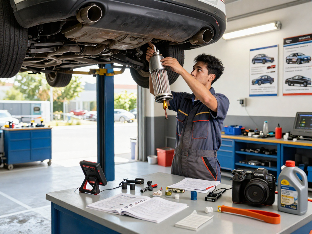 Professioneller Mechaniker beim dpf reinigen in einer modernen Werkstatt mit Werkzeugen und Diagnosetools.