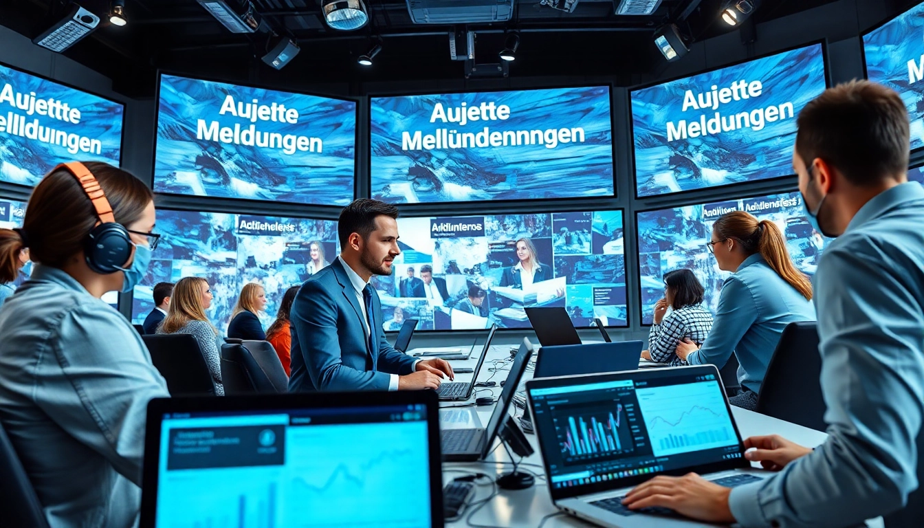 Aktuelle Meldungen in einem modernen Nachrichtenbüro mit Journalisten im Gespräch.