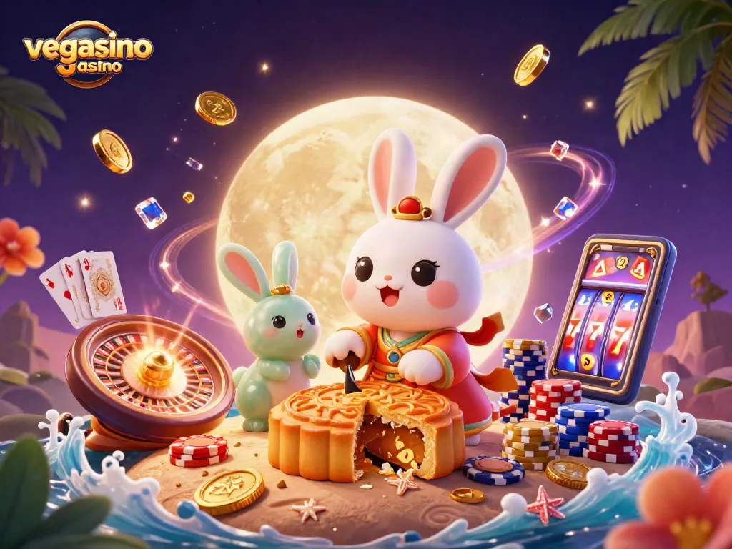 Experience vegasino casino with enchanting moon rabbits revealing poker chips among vibrant gaming elements.