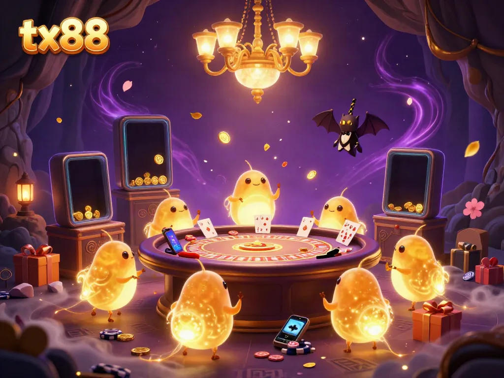 Experience the thrill of tx88 with a vibrant casino scene lit by glowworms and a bat dealer.