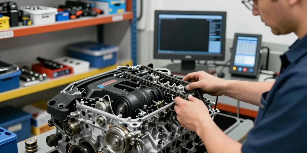 BMW Steuerkette wechseln in einer professionellen Werkstatt mit Mechaniker und Werkzeugen.