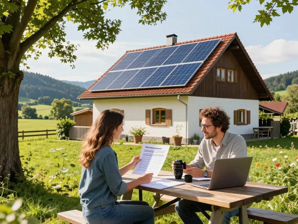 Engagiertes Paar, das Optionen für Photovoltaik Bayern mit Solarzellen im Hintergrund erkundet.