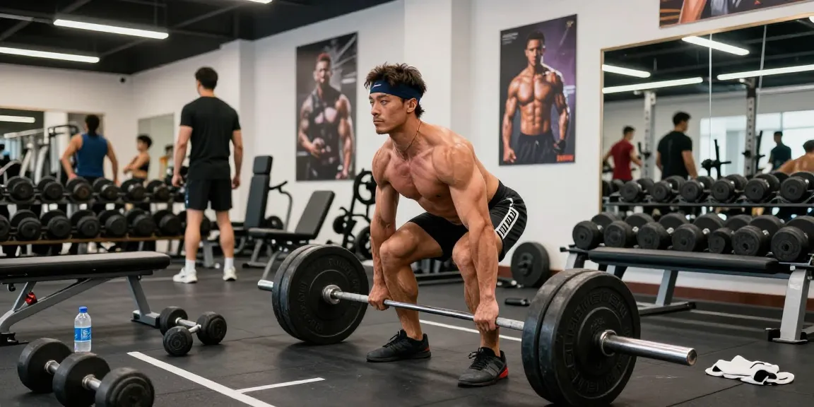 Bodybuilder im Selliza Shop Training mit Gewichten im Fitnessstudio.