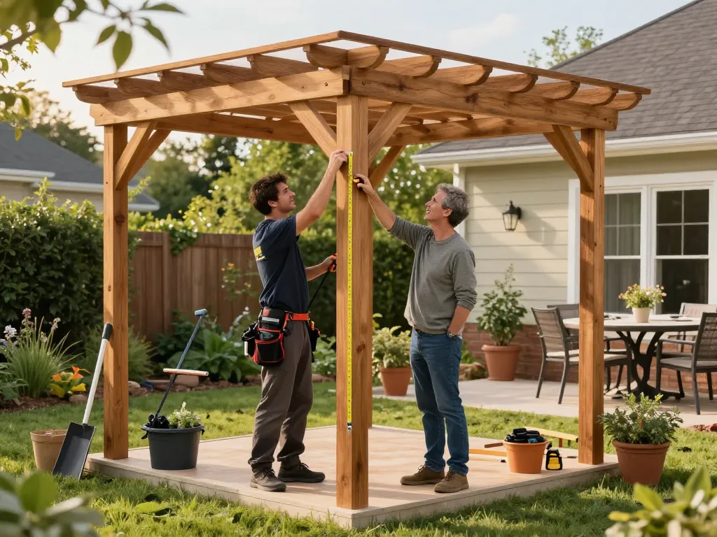 Professioneller Pergola-Installateur demonstriert Software für Pergola-Installateure in einer üppigen Gartenumgebung, misst und passt ein maßgeschneidertes Design an.