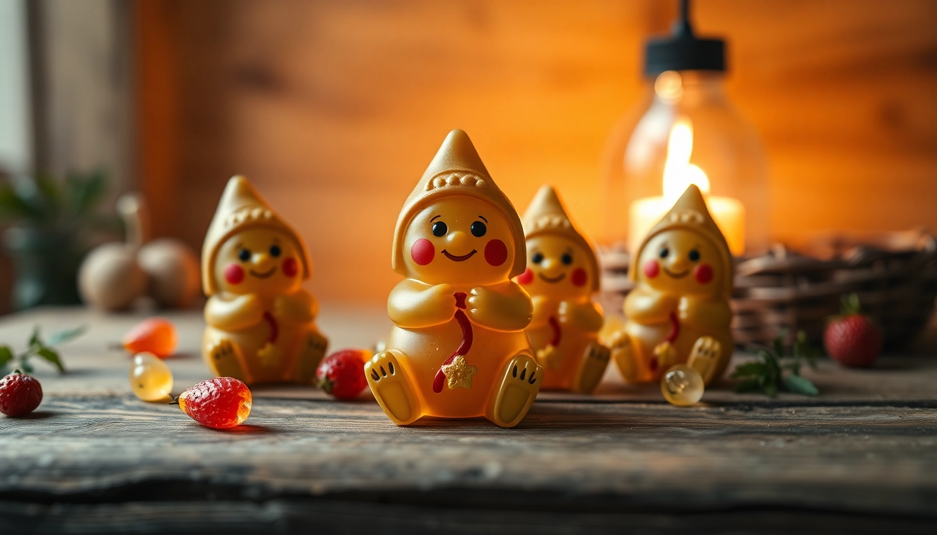 Genieße THC Gummies in bunten Formen und Geschmäckern auf einer Holzoberfläche für ein ansprechendes Einkaufserlebnis.
