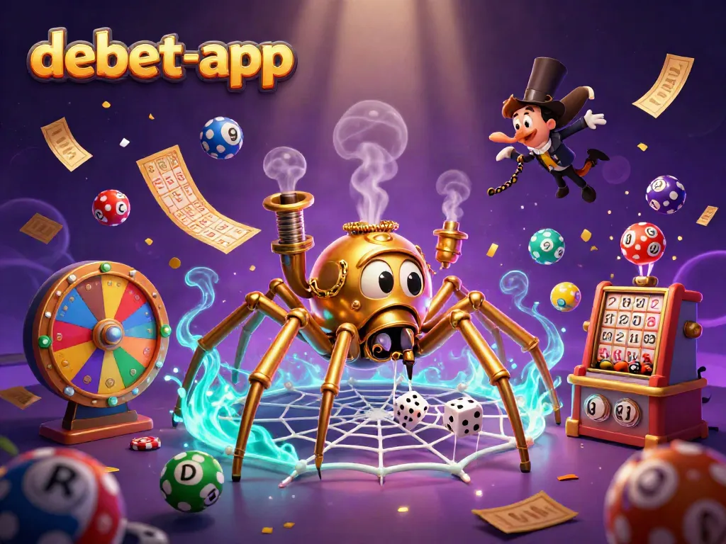 Spin jackpot wins with debet-app as characters jump through colorful casino elements.