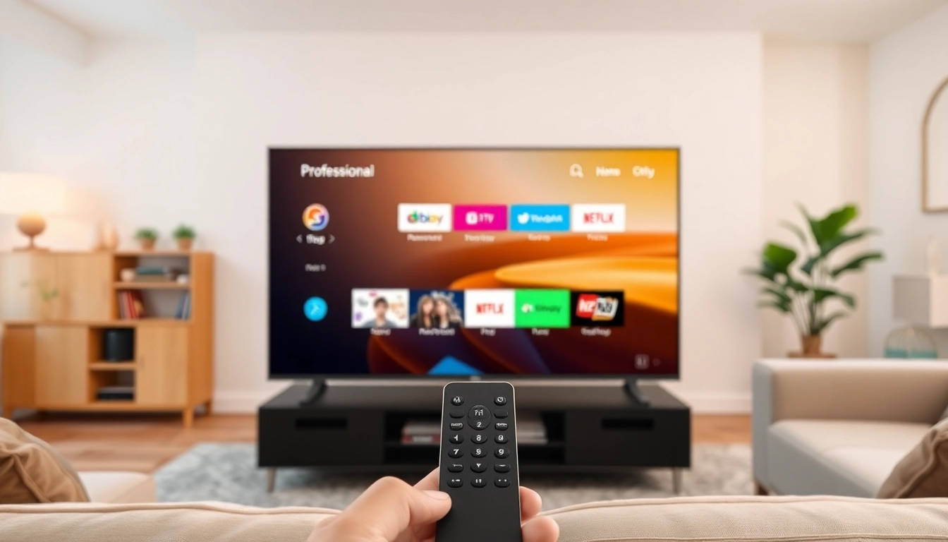 IPTV Abo Anbieter auf einem modernen Fernseher in einem gemütlichen Wohnzimmer mit warmem Licht