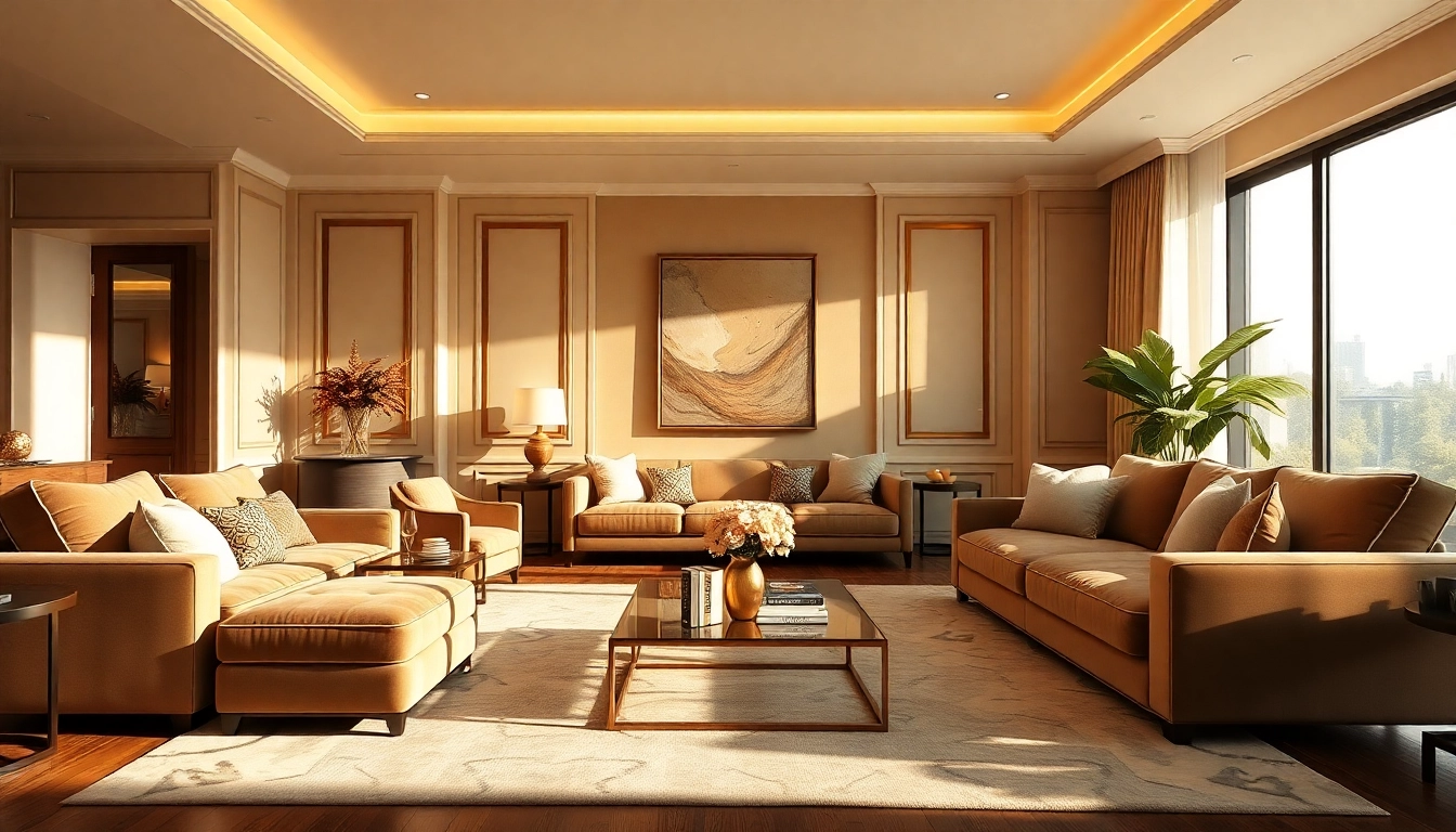 Luxury living room featuring elegant furnishings and warm lighting for serene comfort.