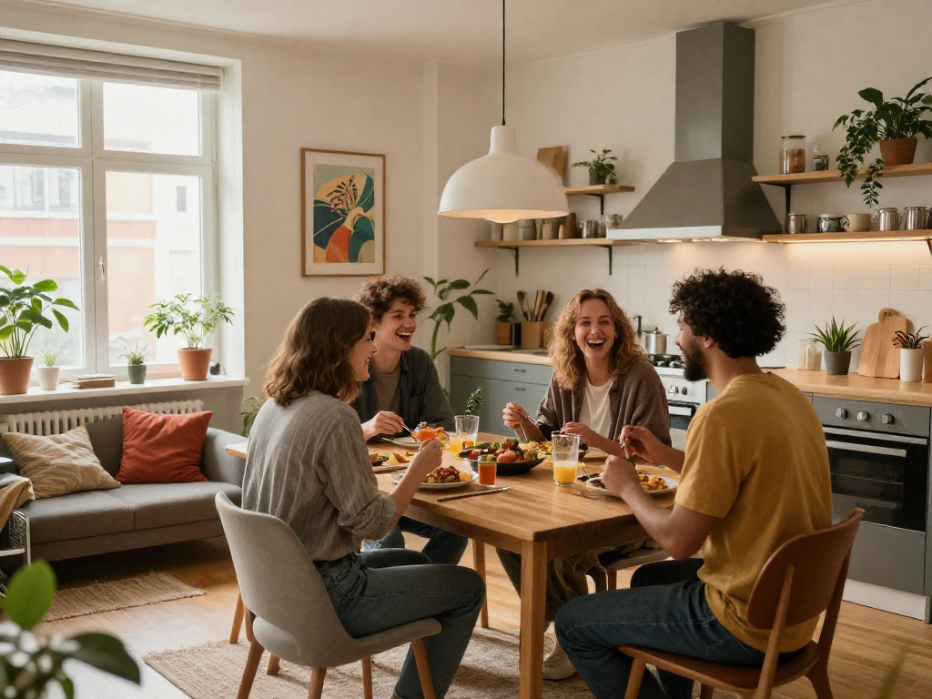 Wohnung mit Monteurzimmer Hannover, Freunde essen und lachen am Tisch, moderne Einrichtung.