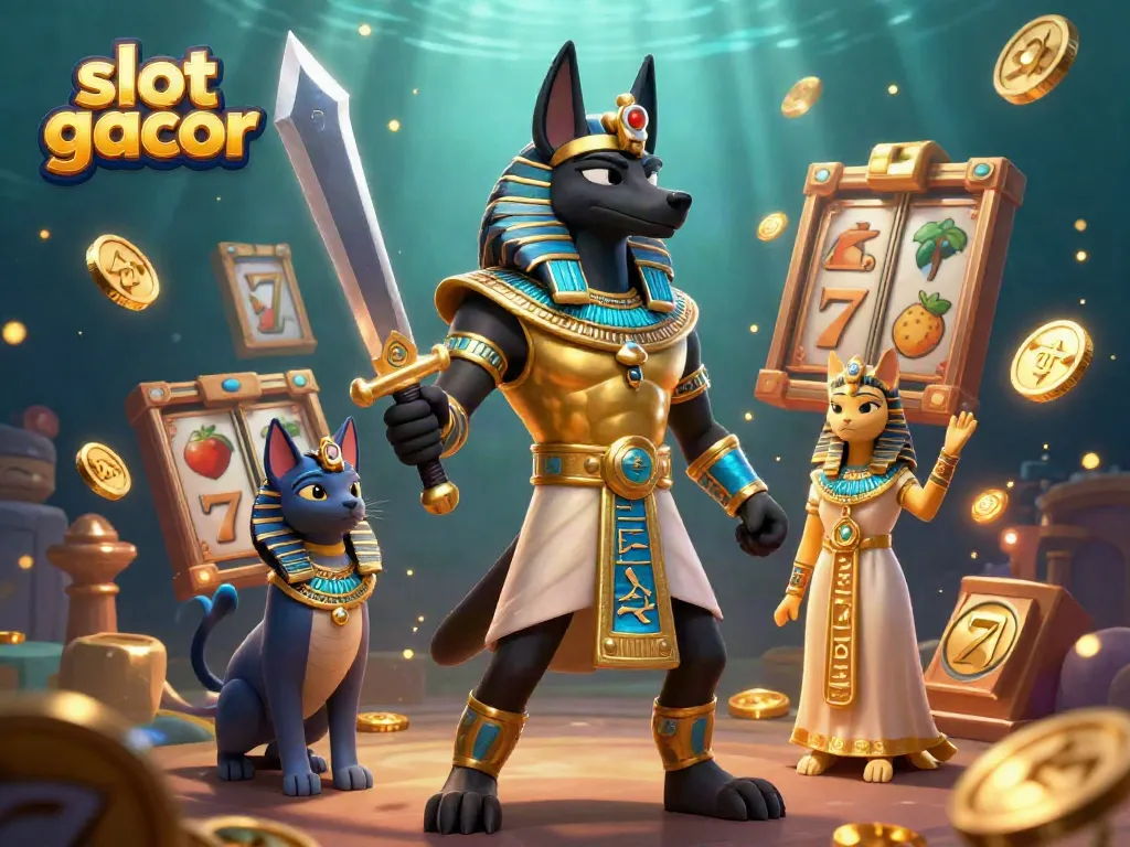 Experience the thrill of slot gacor with a vibrant, dynamic casino scene showcasing Anubis and Bastet.