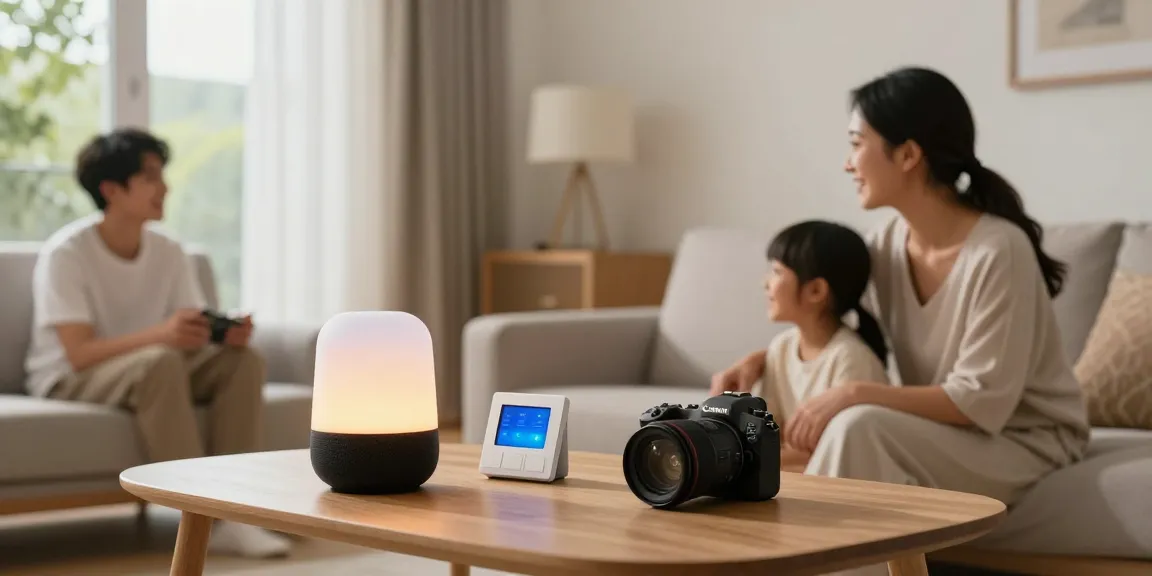 Smarte Integrationen im Alltag in a cozy home with a family enjoying ambient lighting and modern smart devices.