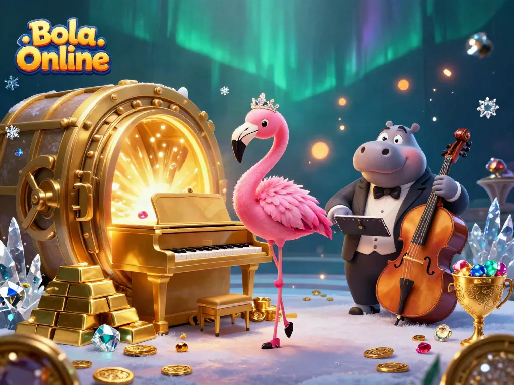 Experience vibrant gaming with Bola Online's immersive casino scene full of dazzling treasures and characters.
