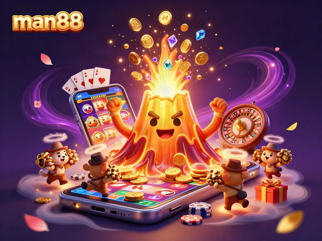 Experience thrilling moments at man88 with a golden volcano erupting coins and gaming elements.
