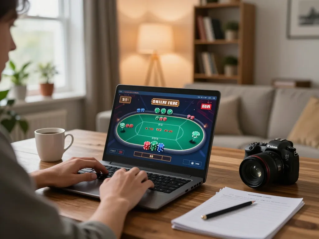 Player using the link vào qq88 to engage in an online poker game at home, warm and inviting setup