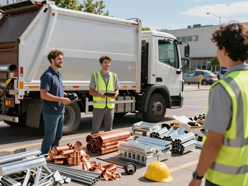 Schrotthandel-Service-Team im Gespräch mit einem Kunden, das professionelle Recycling-Bemühungen in einem nachhaltigen städtischen Umfeld hervorhebt.