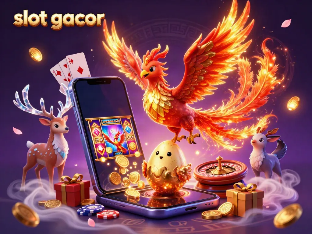 Experience the excitement of slot gacor with a vibrant 3D scene featuring phoenix, slot games, and magical elements.