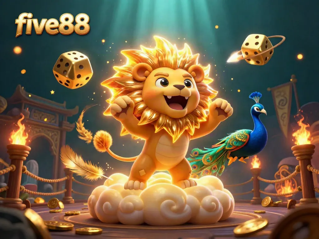Engage with five88 for exciting gambling experiences featuring a cartoon lion, golden dice, and vibrant casino elements.