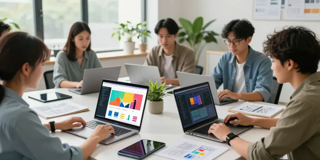 Professionelles Webdesign im Saarland: Kreatives Team bei der Arbeit an modernen Website-Entwürfen.
