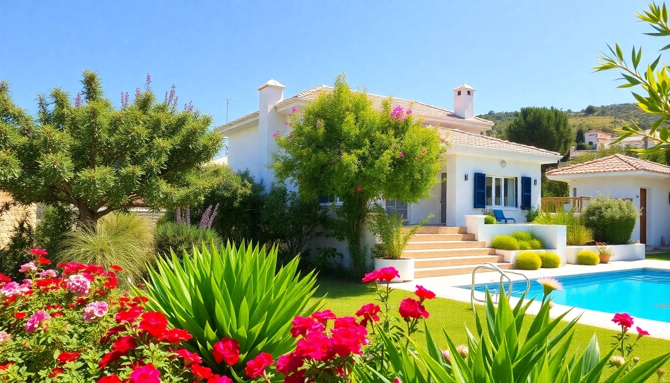 Stunning house kaufen nordzypern featuring a lush garden and Mediterranean landscape.