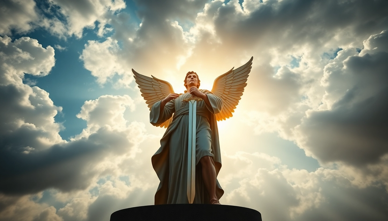 Erzengel Michael mit Schwert und schützender Ausstrahlung vor dramatischem Himmel.