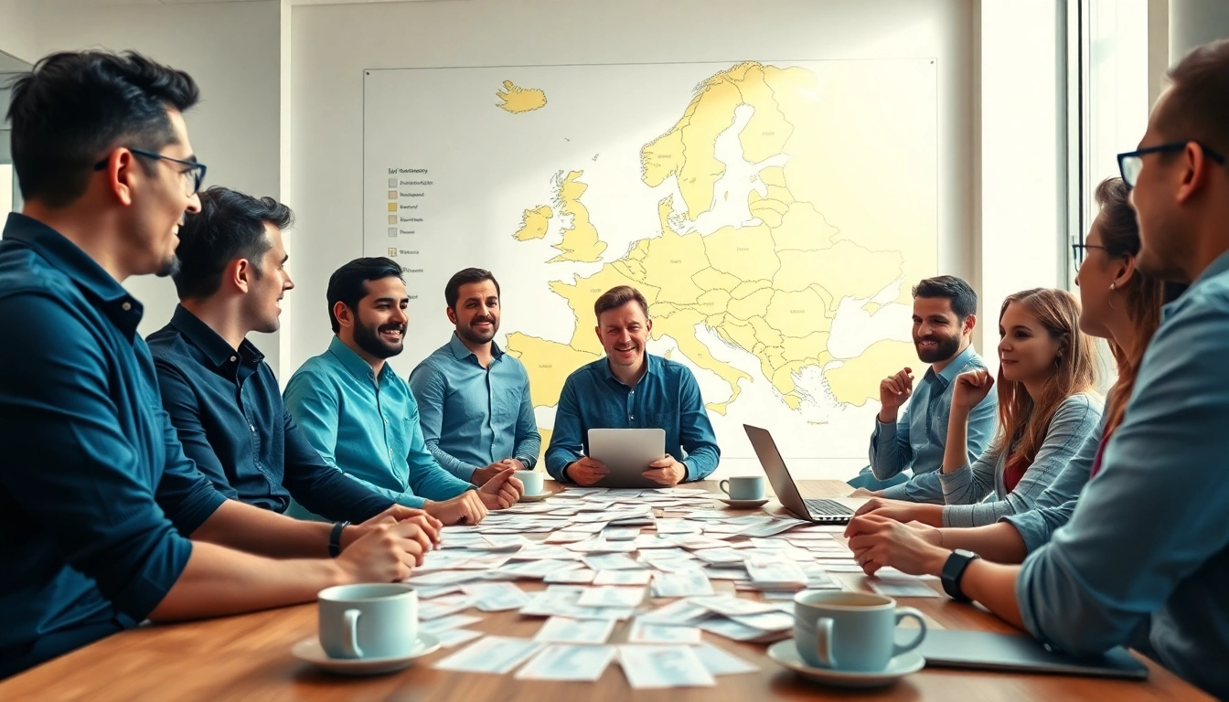 EU Geschichte Quiz konzentriertes Team diskutiert lebhaft über Europa-Quizfragen.