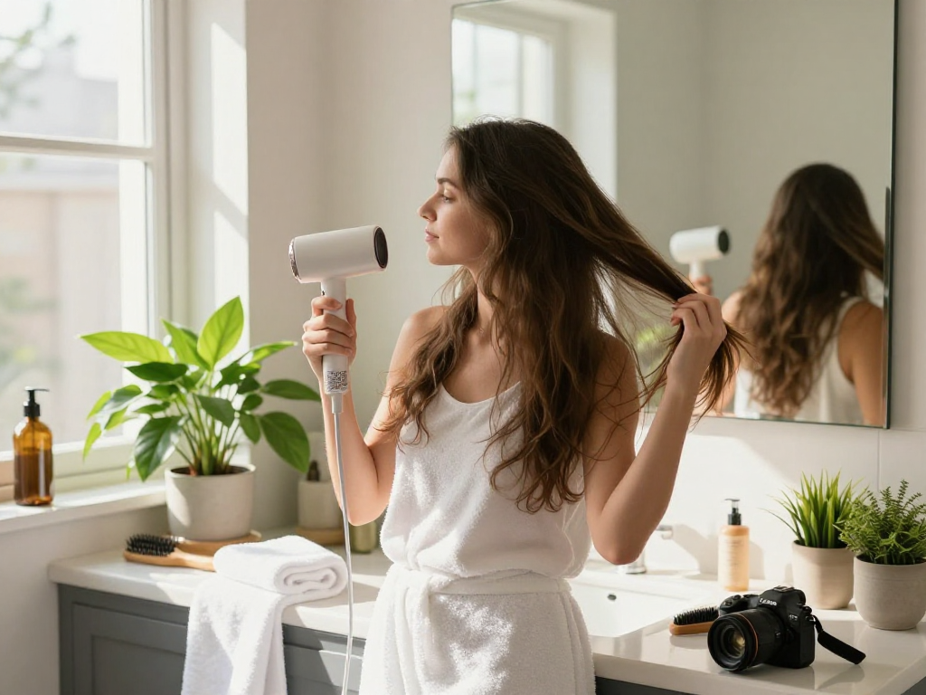 Youthful woman styling her hair with a mini hair dryer in a bright bathroom.