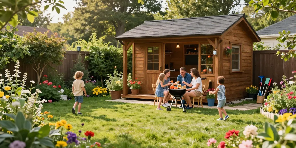 Gartenhaus Holz umgeben von bunten Blumen, Familie genießt sonnigen Nachmittag.