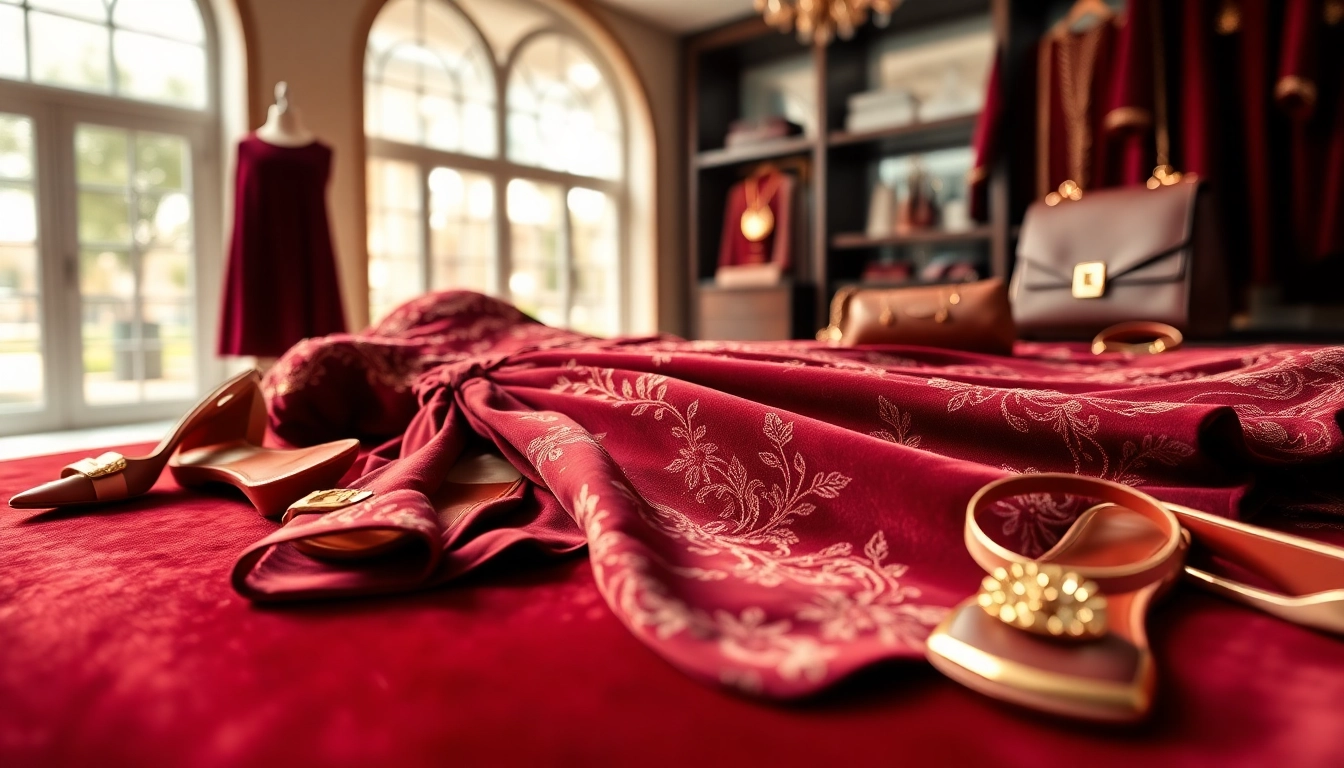 Alvionz showcases an elegant dress with luxurious accessories on a velvet surface in a boutique setting.