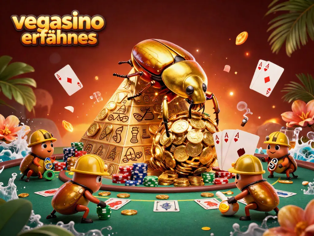 Join the fun at Vegasino Erfahrungen with a golden beetle and poker chips in a vibrant casino scene.