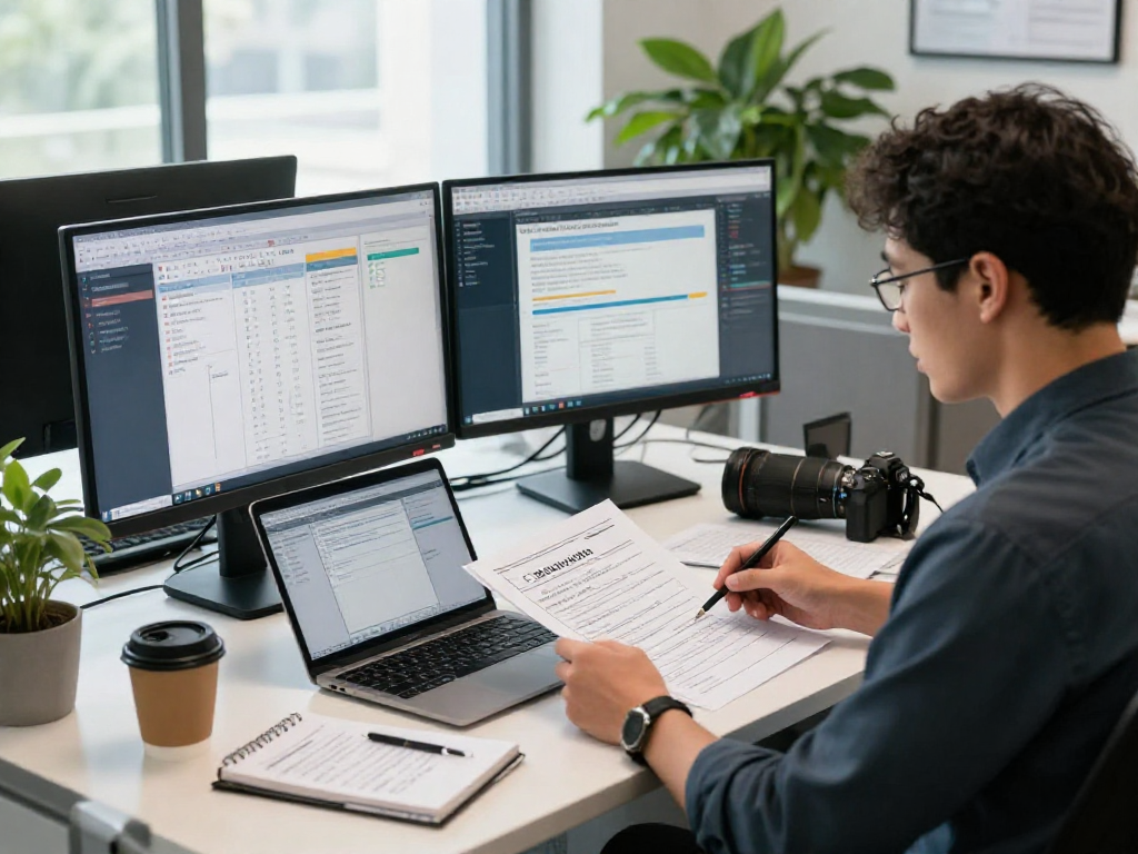 Document fraud detection in a professional office setting with compliance officer analyzing documents and advanced software.