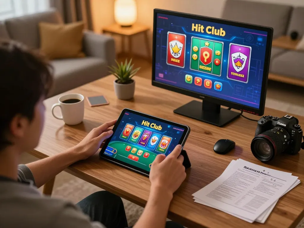 Enjoying online gaming at Hit club in a cozy home setup with strategy notes